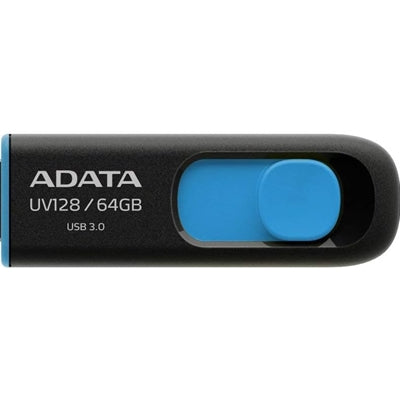 Adata UV128 64GB USB 3.2 flash drive in capless black and blue design. Adata UV128 64GB USB 3.2 flash drive in capless black and blue design.